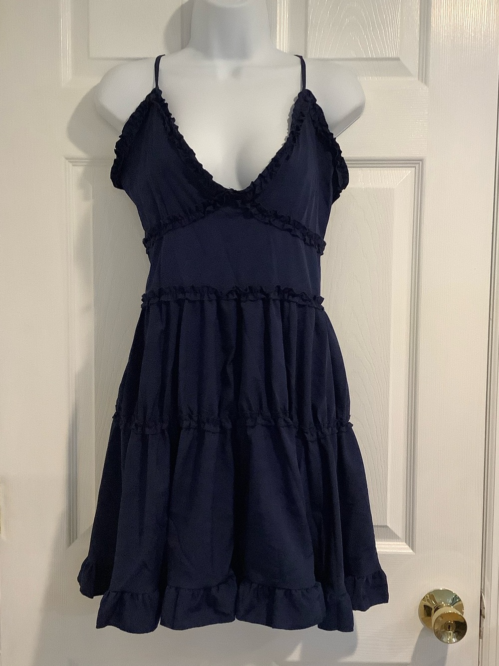 Navy Blue Tiered Ruffled Nautical Coastal Cowgirl Cute Resortwear Mini Dress L
